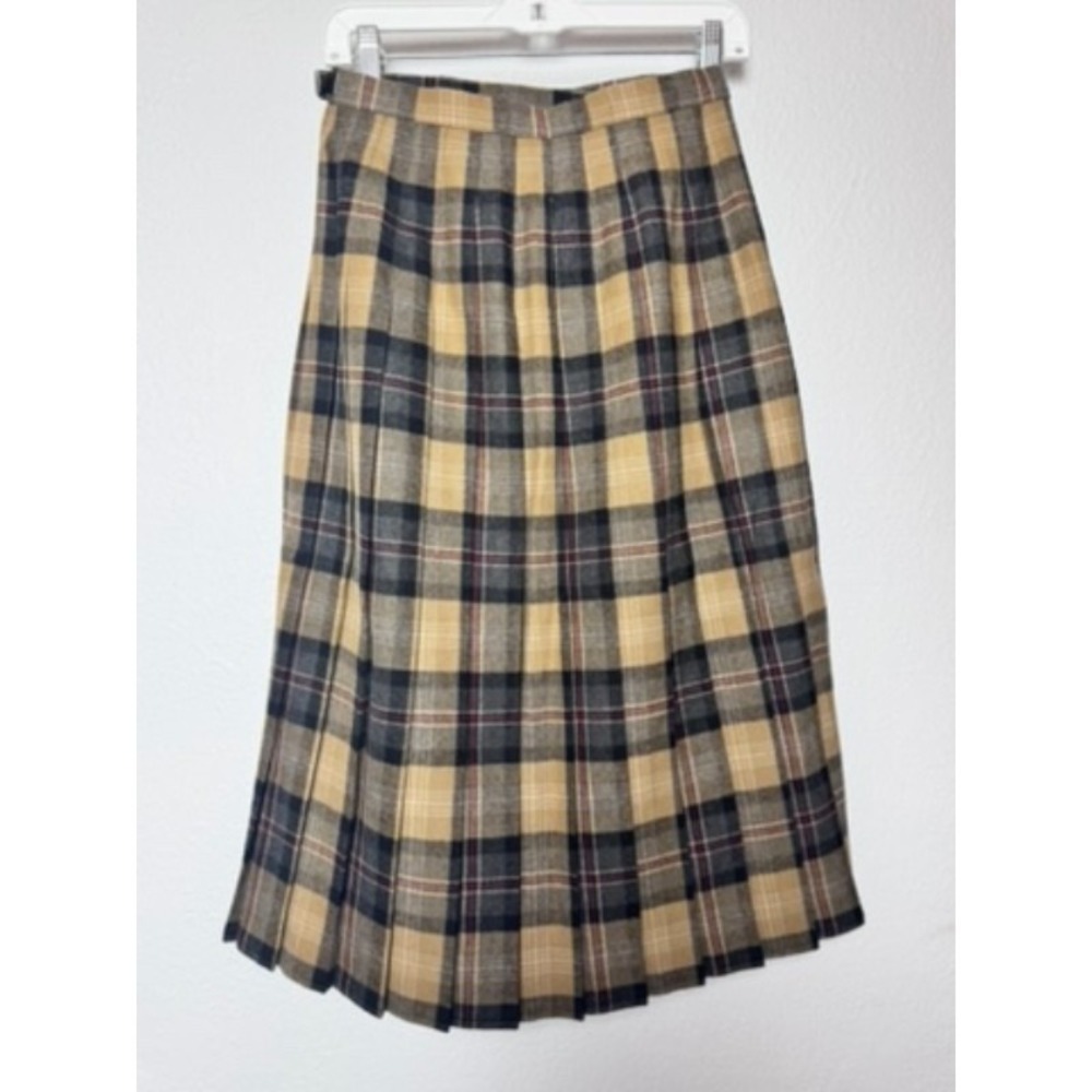 Vtg Tartan Wool Kilt Skirt Women's US 10  Brown Plaid Made In United Kingdom‎